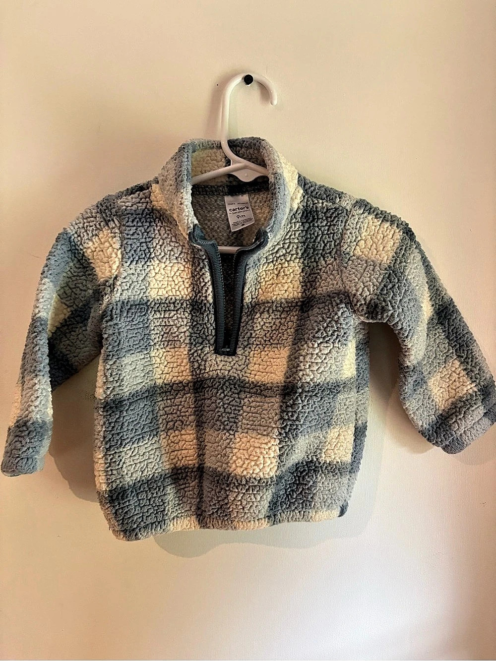 Carter's Baby Plaid Sherpa Quarter-Zip Pullover Blue & Cream Baby 9M